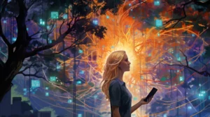 Imagine of a woman standing under lots of trees with holograms of blog posts hanging from them