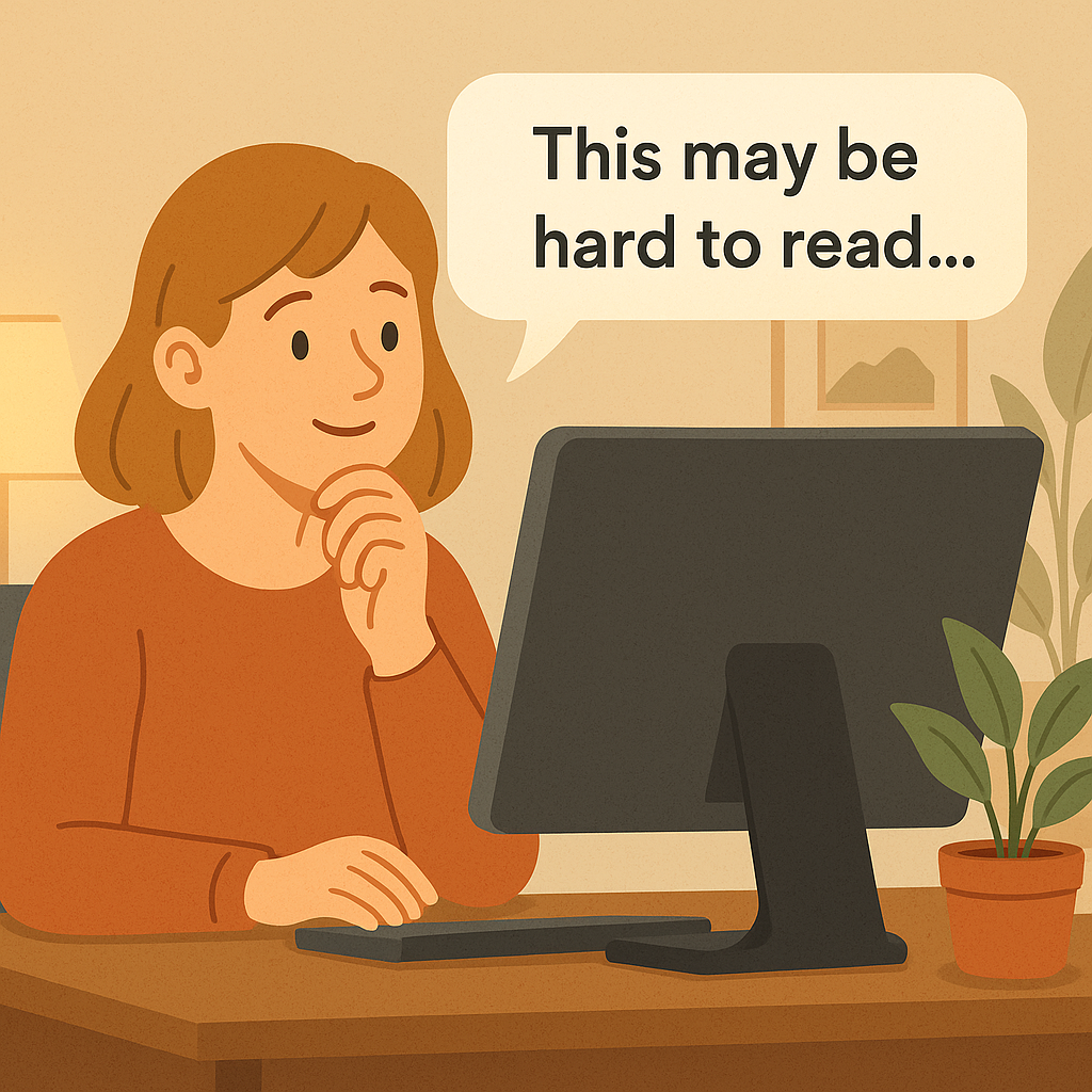 Smiling woman sitting in front of PC with speech bubble saying "this may be hard to read..."